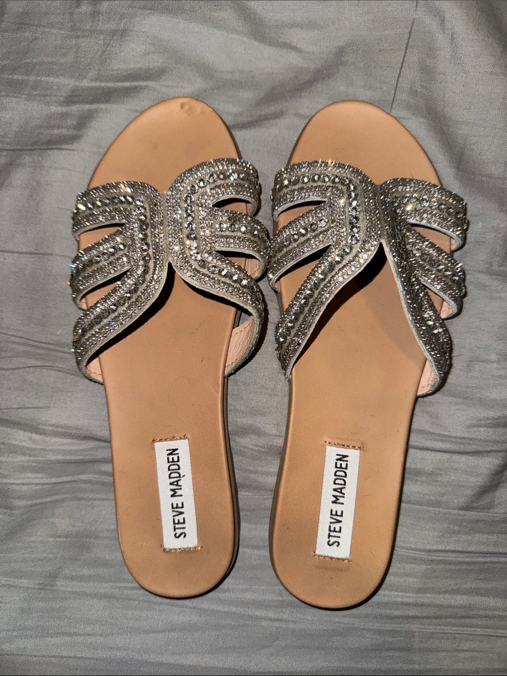 Steve Madden Crystal Embellished Silver Slide Sandals